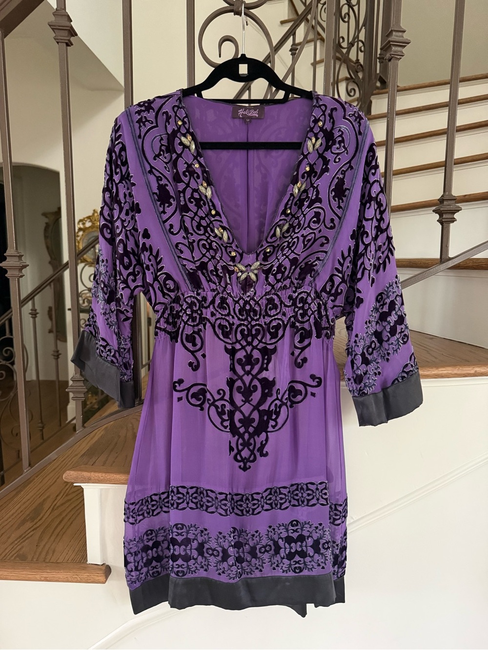 Gorgeous Silk Purple Embellished V-Neck Mini Dress by Hale Bob